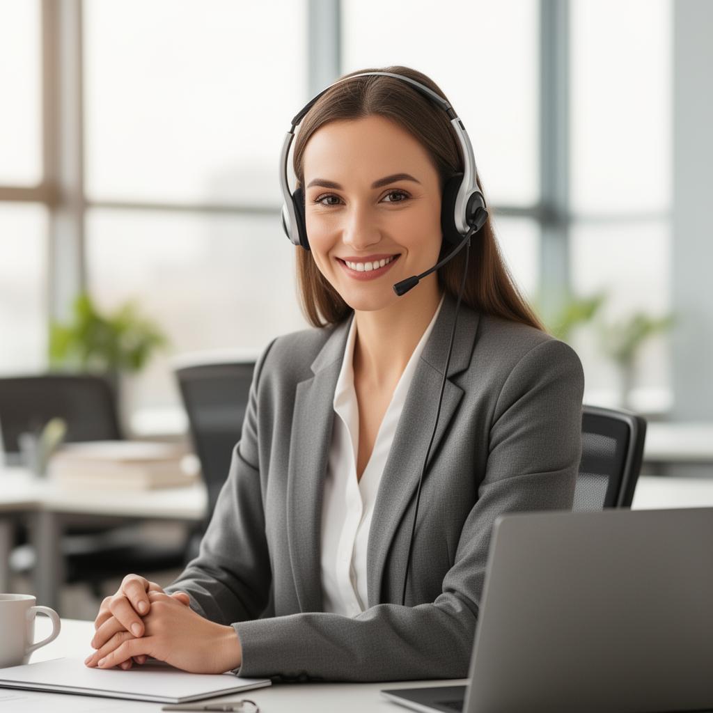 Friendly female dispatcher with headset working in a bright office
