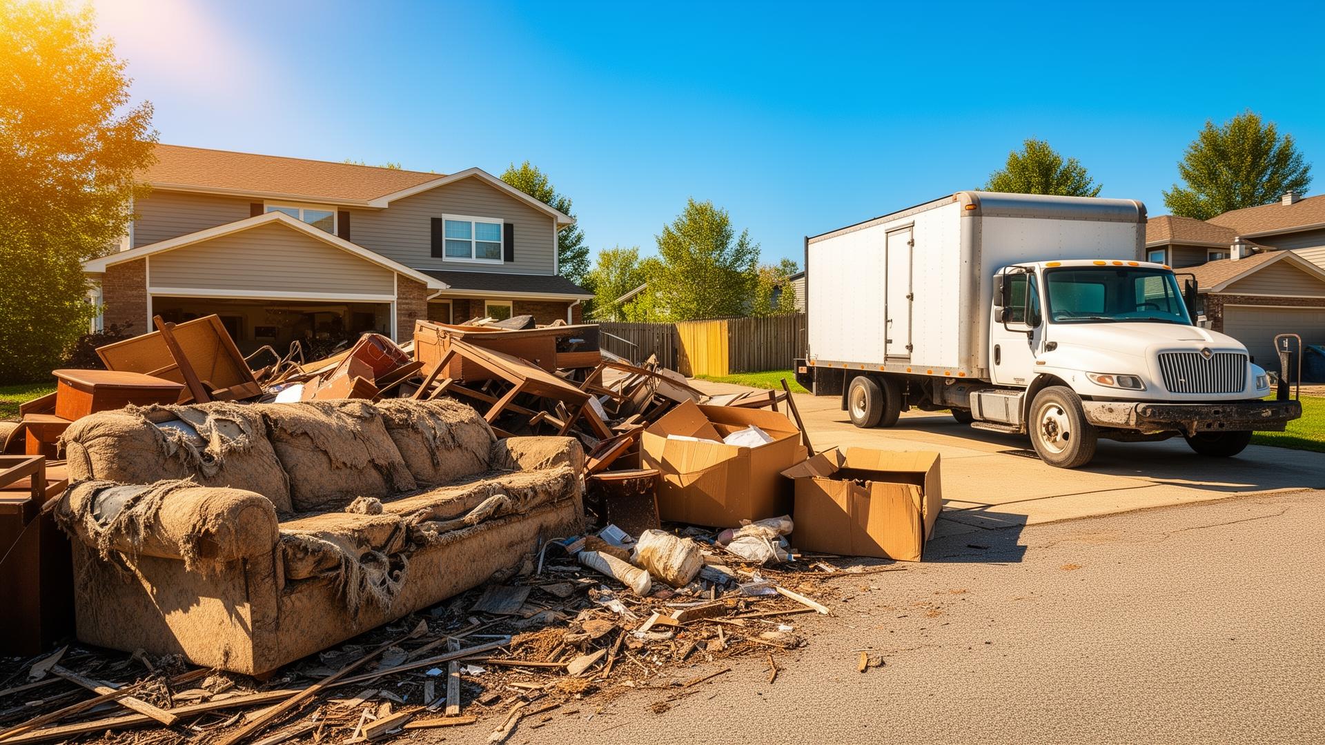 Pile of old furniture and debris in driveway with junk removal truck on a sunny day