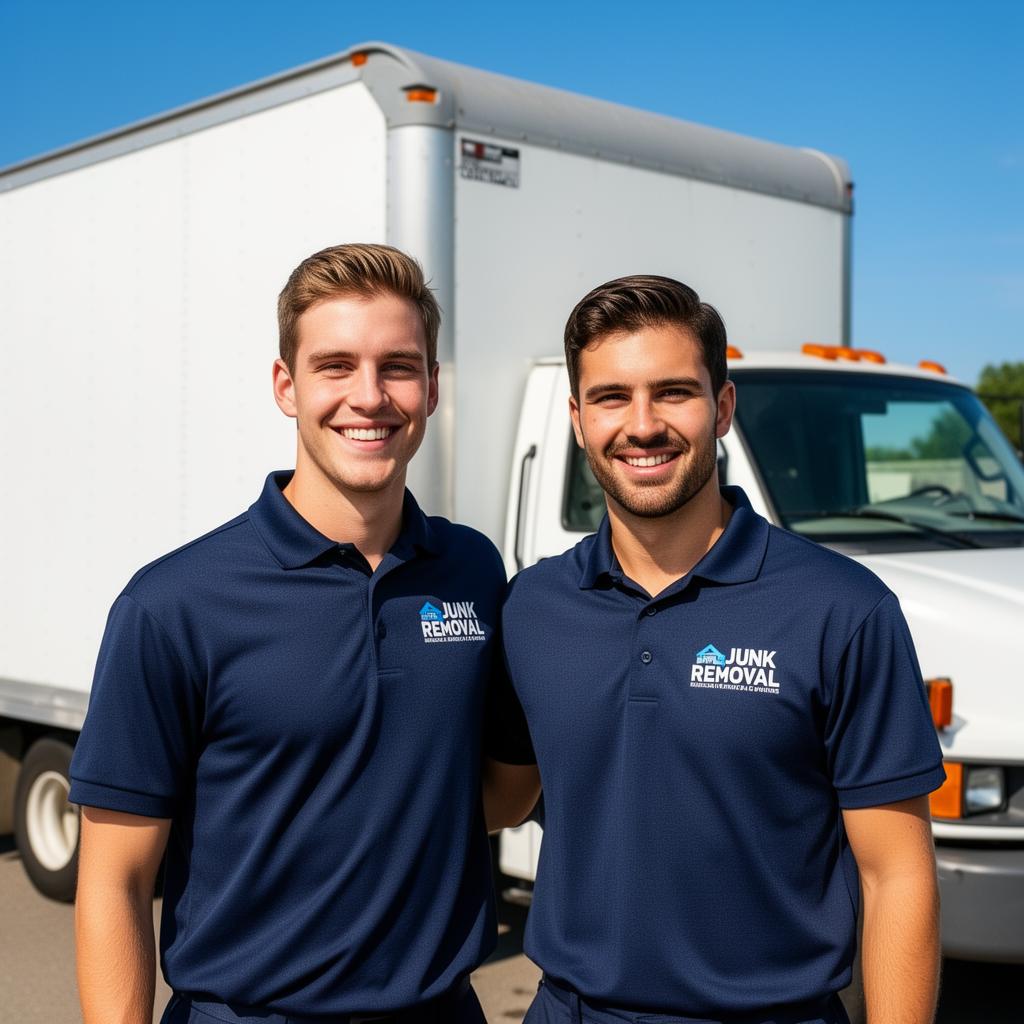 Two friendly junk removal crew members standing in front of a white truck